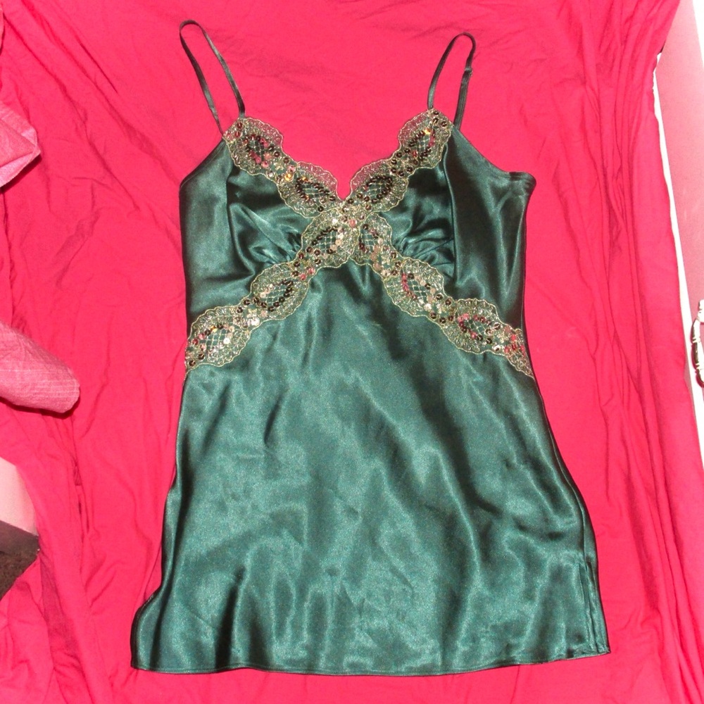 Green Bisou Bisou slip dress with sequins and lace detailing